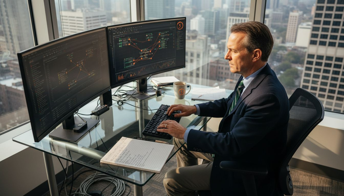 Man in corner office studying blockchain network