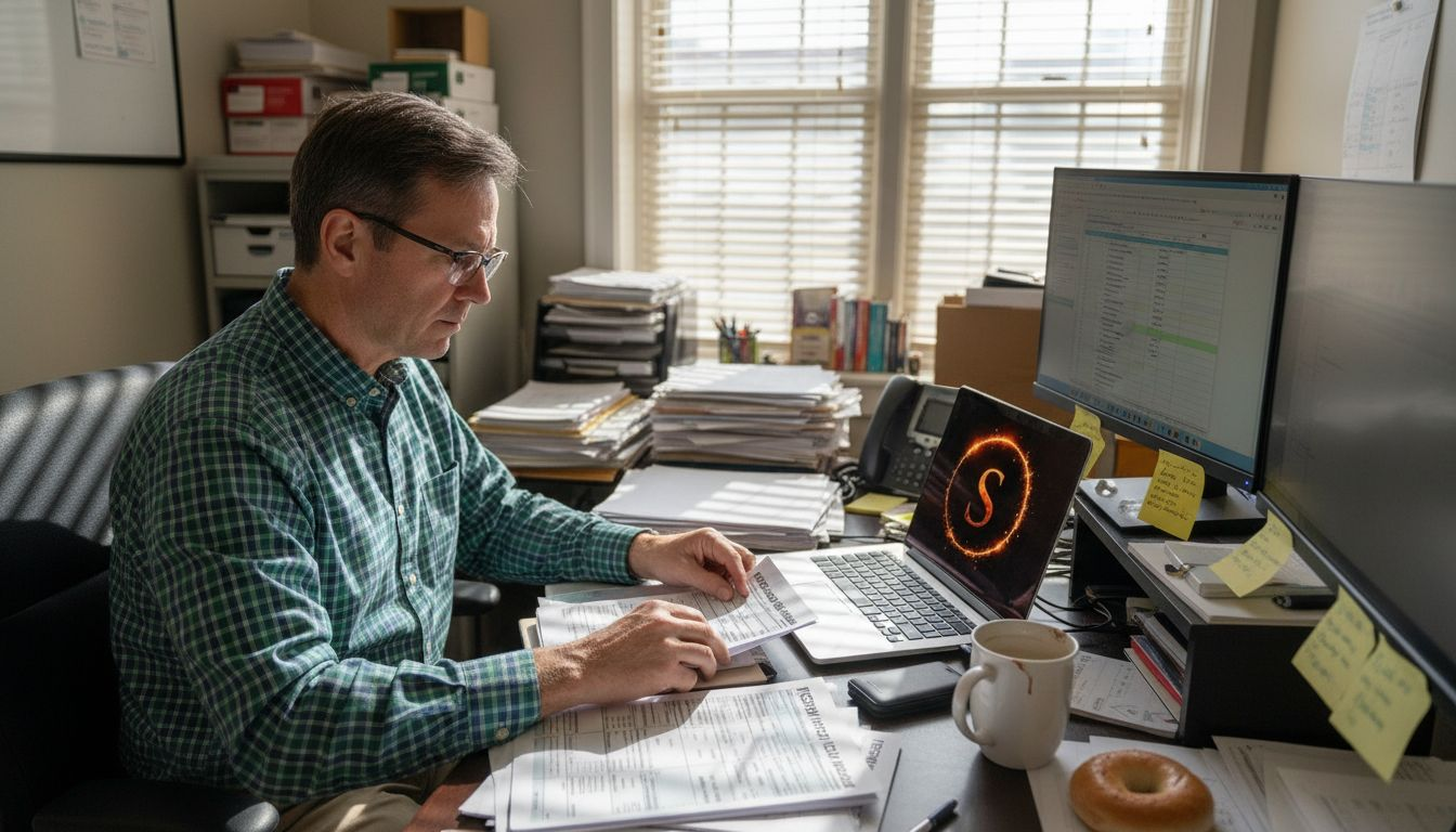 Man checking crypto tax paperwork in office