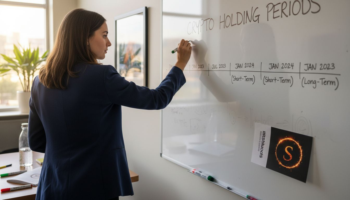 Woman drawing crypto gains timeline on whiteboard