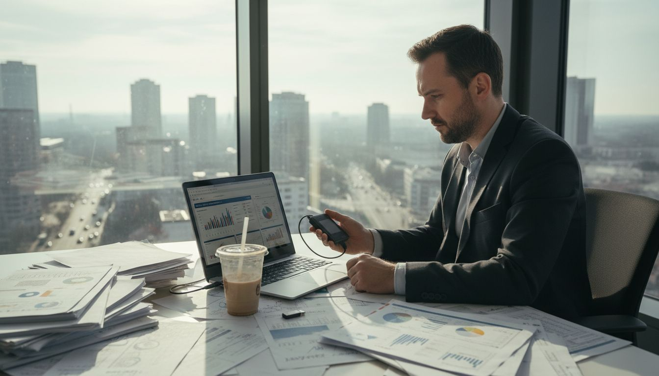 Ein Investor sorgt an seinem vollgepackten Schreibtisch für die Sicherheit seines Krypto-Tresors und behält dabei den Überblick über seine digitalen Vermögenswerte.