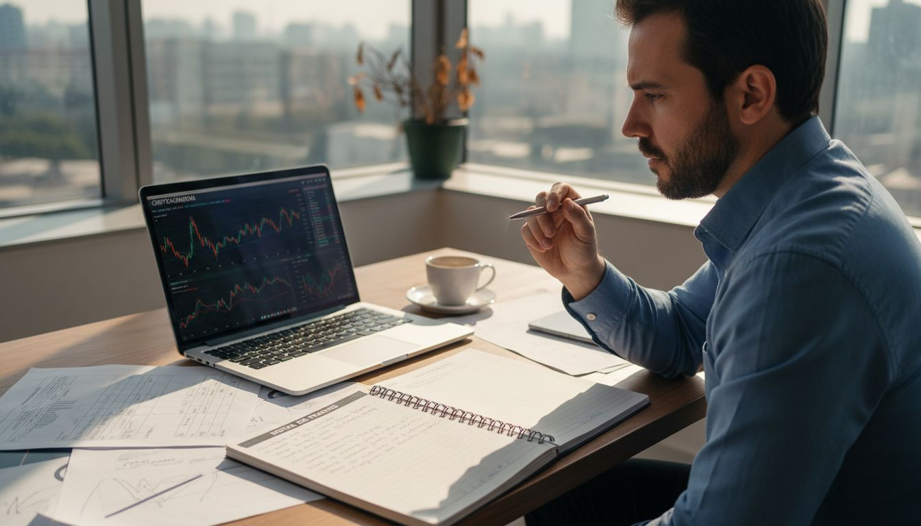 Profesional analizando gráficos de criptomonedas en su despacho