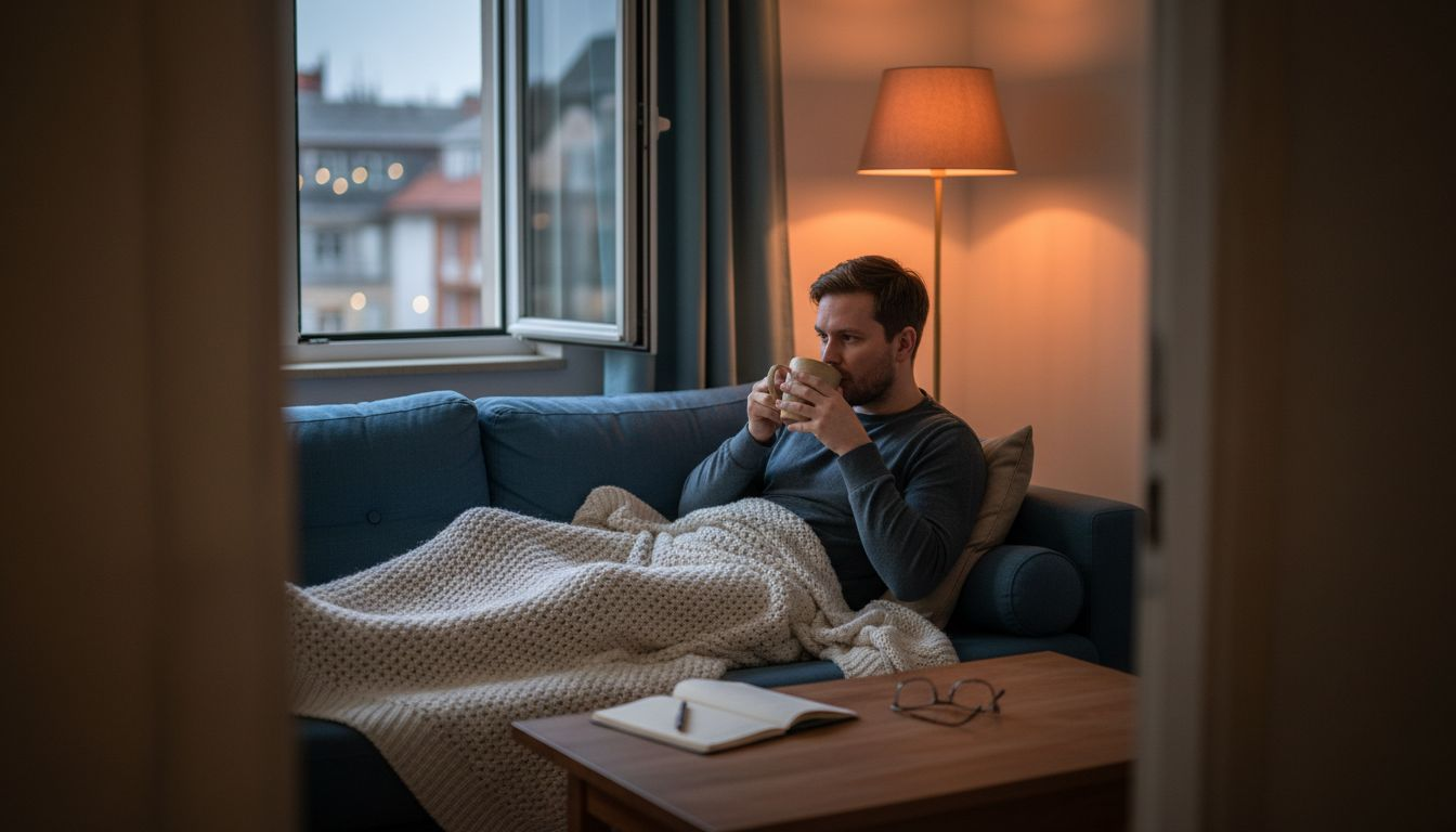 Een man zit ’s avonds rustig met een kop thee, om lekker tot rust te komen voordat hij gaat slapen.