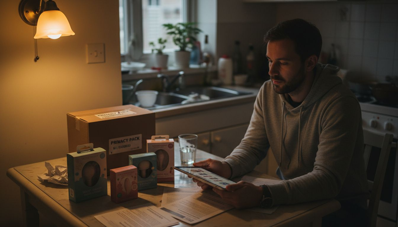 Man comparing adult toy packaging and tablet