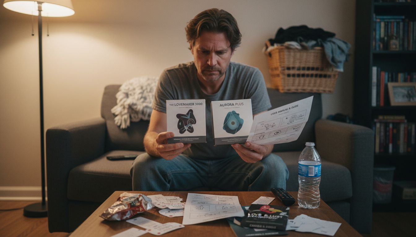 Man comparing boxed adult products at home
