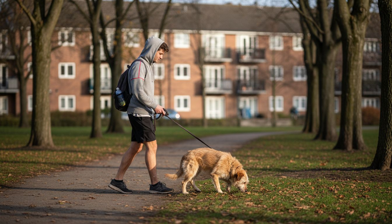 A man walks his dog as part of his daily exercise routine.