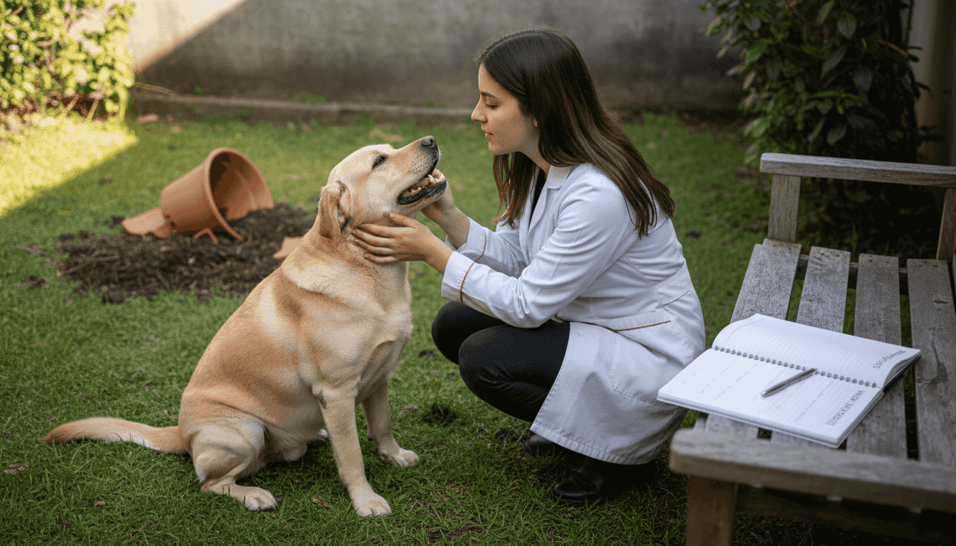 Una veterinaria revisa a un perro en el jardín de una casa