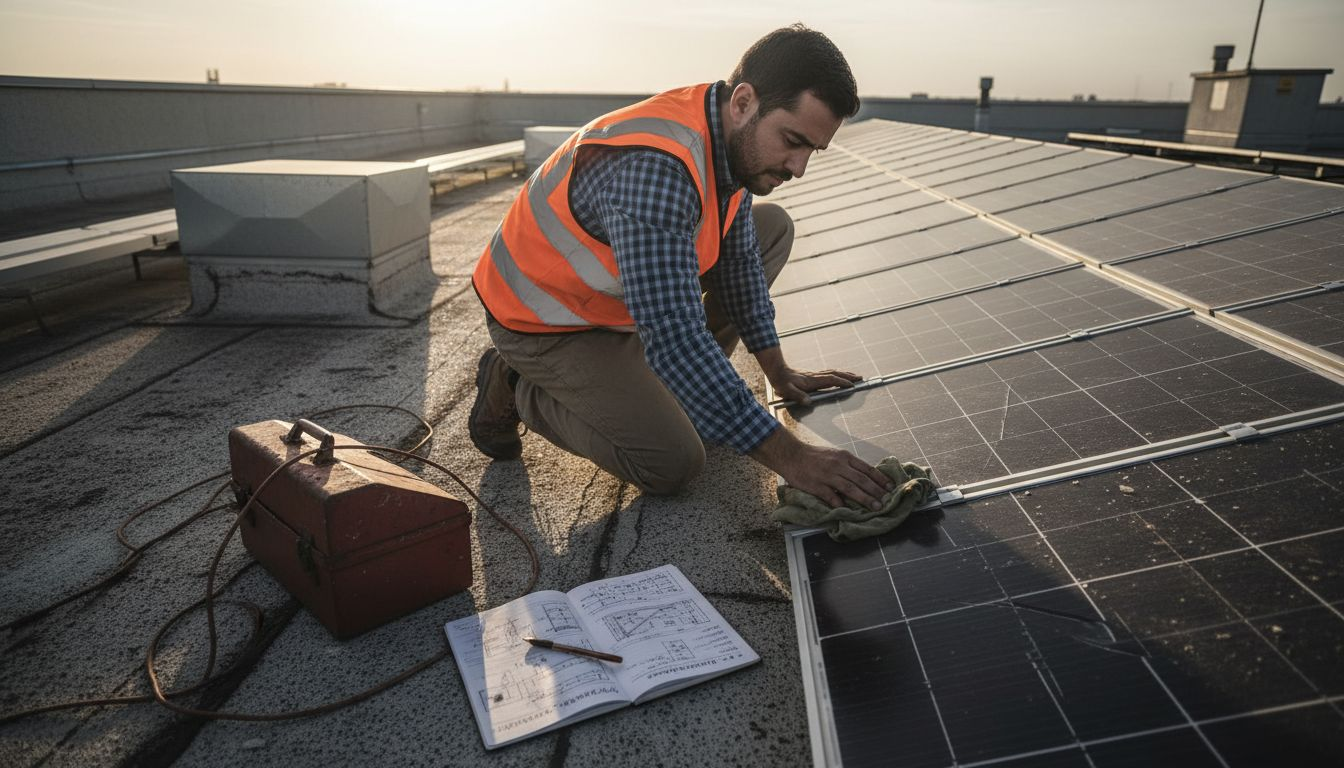 Un ingeniero supervisa la instalación de paneles solares en el tejado de un edificio.