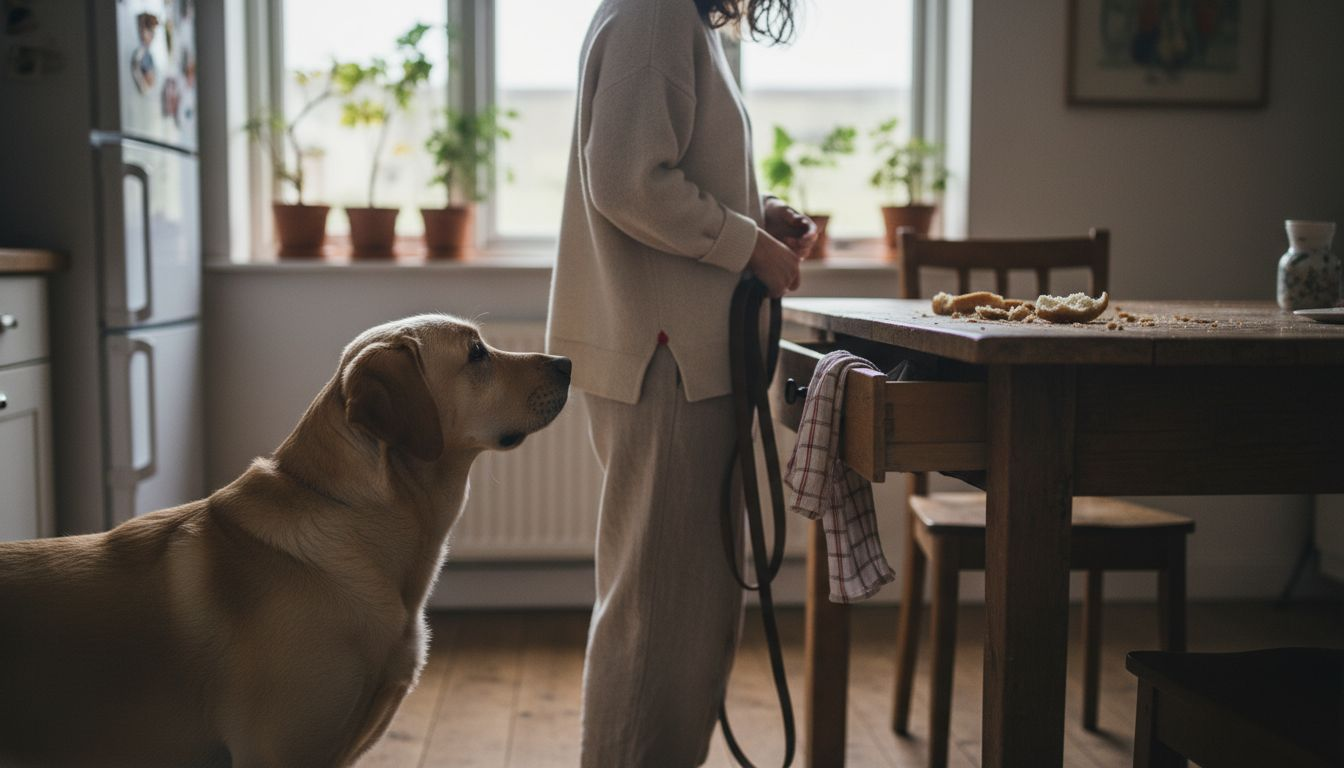 Un perro observa atentamente a su dueña mientras ella está en la cocina.