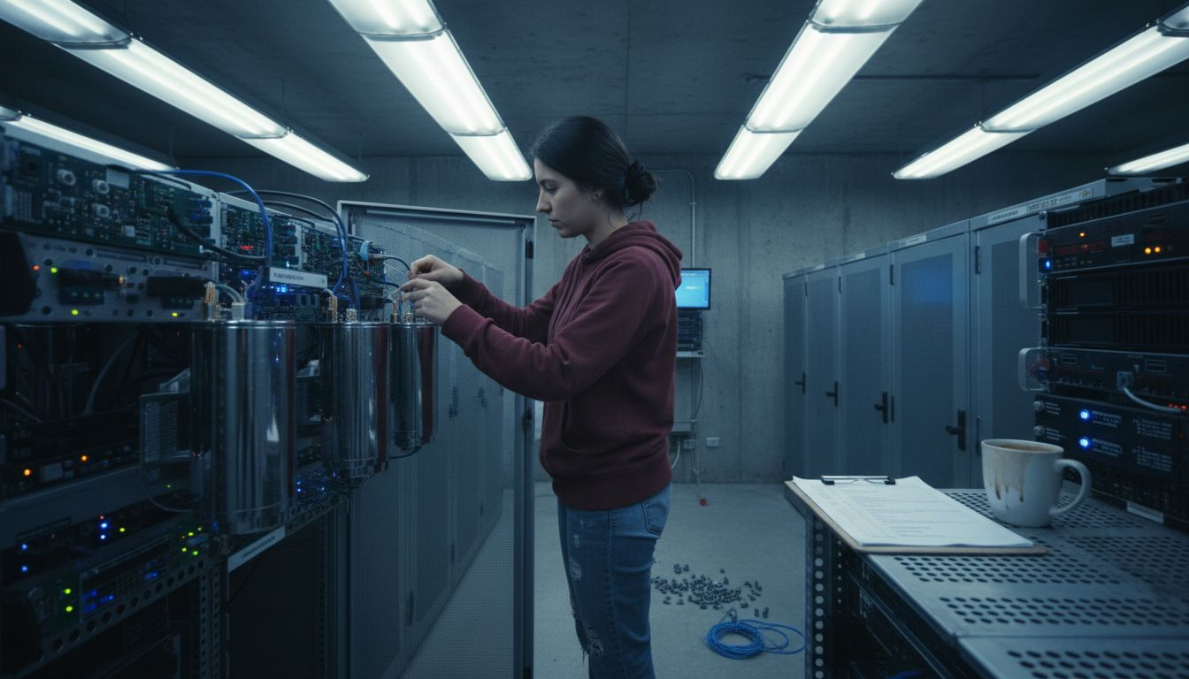 Un ingeniero revisa el sistema de seguridad en una sala de servidores cuánticos.