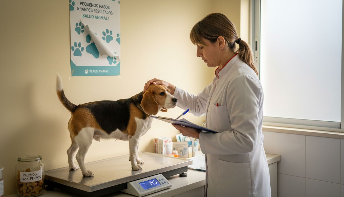 El veterinario pesa a un beagle que tiene unos kilitos de más.
