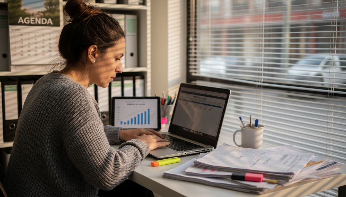 Empresaria analizando informes con datos de clientes