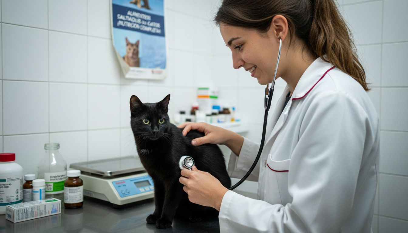 Una veterinaria realiza un chequeo de rutina a un gato en la consulta