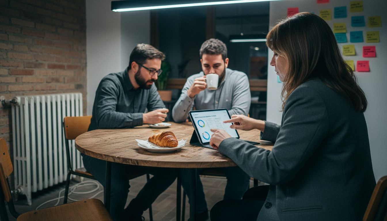 Consultor mostrando los resultados de la campaña a un grupo de emprendedores.