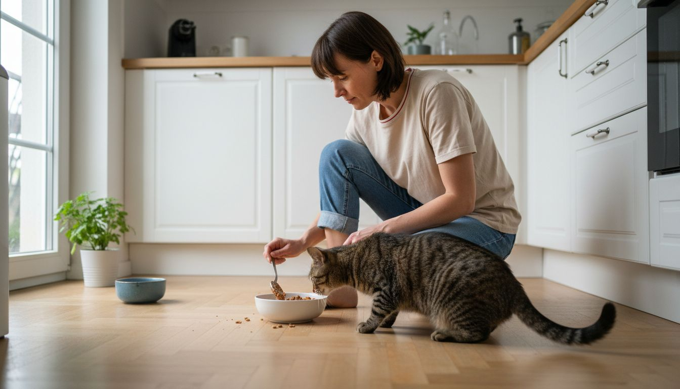 Una mujer prepara una comida casera y saludable para su gato