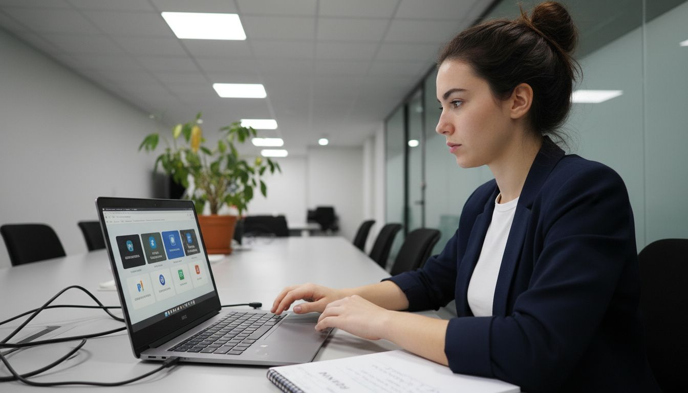 Una mujer analiza y selecciona distintas herramientas de inteligencia artificial desde su portátil.