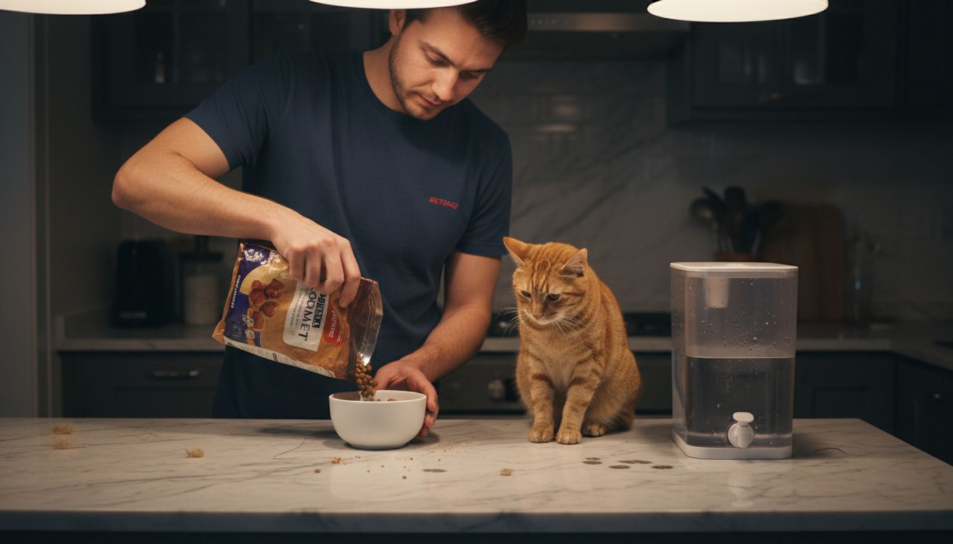 Un hombre le pone croquetas a su gato en casa