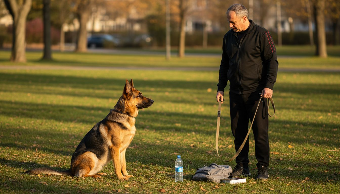 Pastor alemán sentado en el parque, siguiendo las órdenes de su dueño.