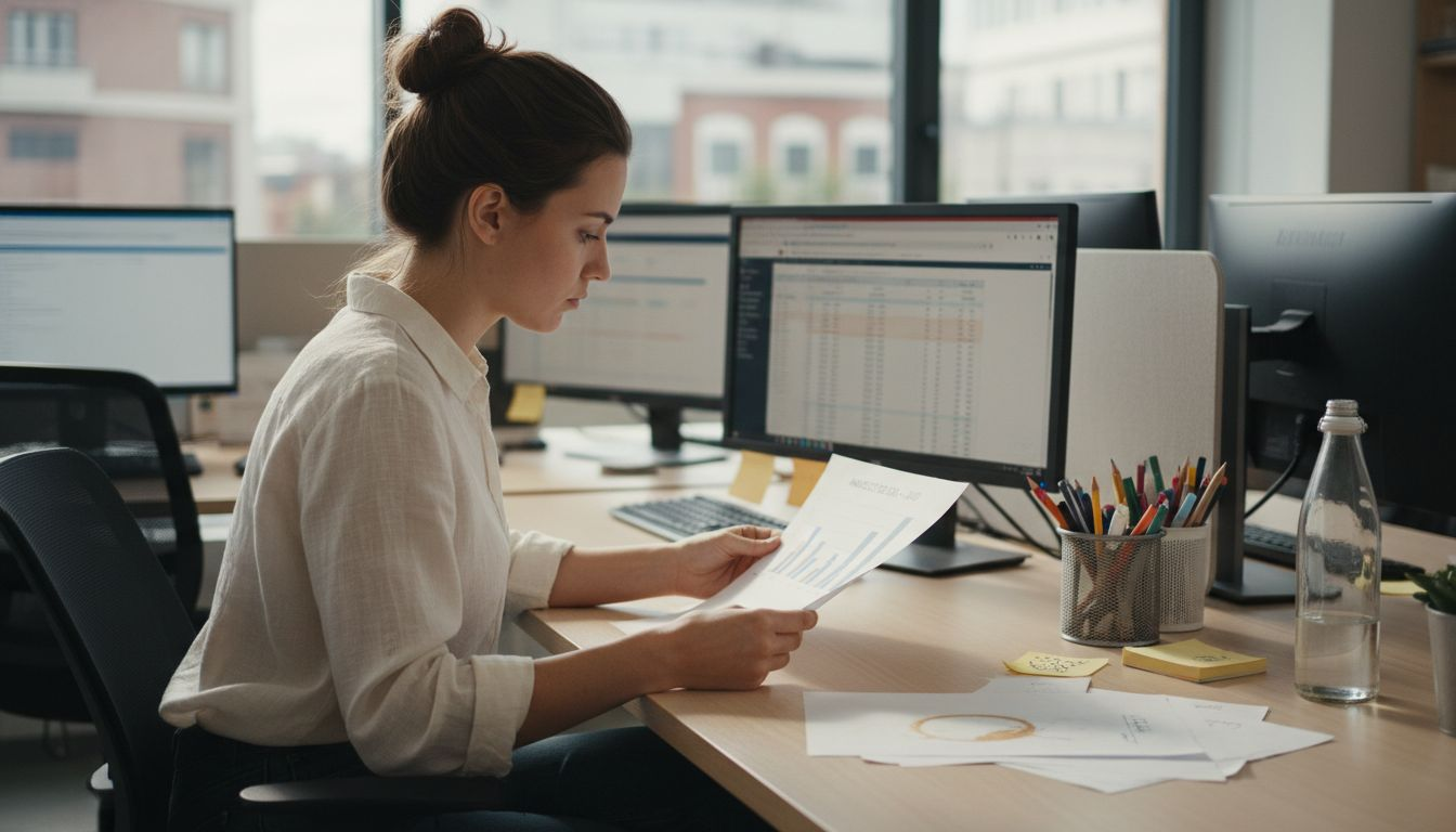 Un joven analiza el gráfico de resultados para definir la estrategia de marketing de una pequeña empresa.