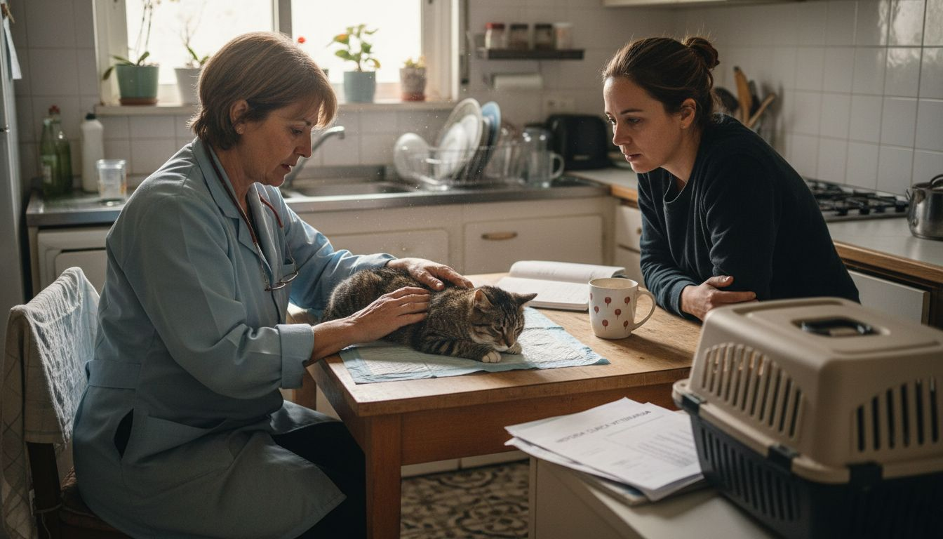 Una veterinaria examina a un gato sobre la mesa de la cocina mientras la familia observa atenta.