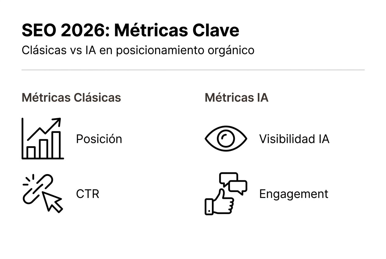 Infografía que muestra las diferencias entre las métricas SEO tradicionales y las impulsadas por inteligencia artificial