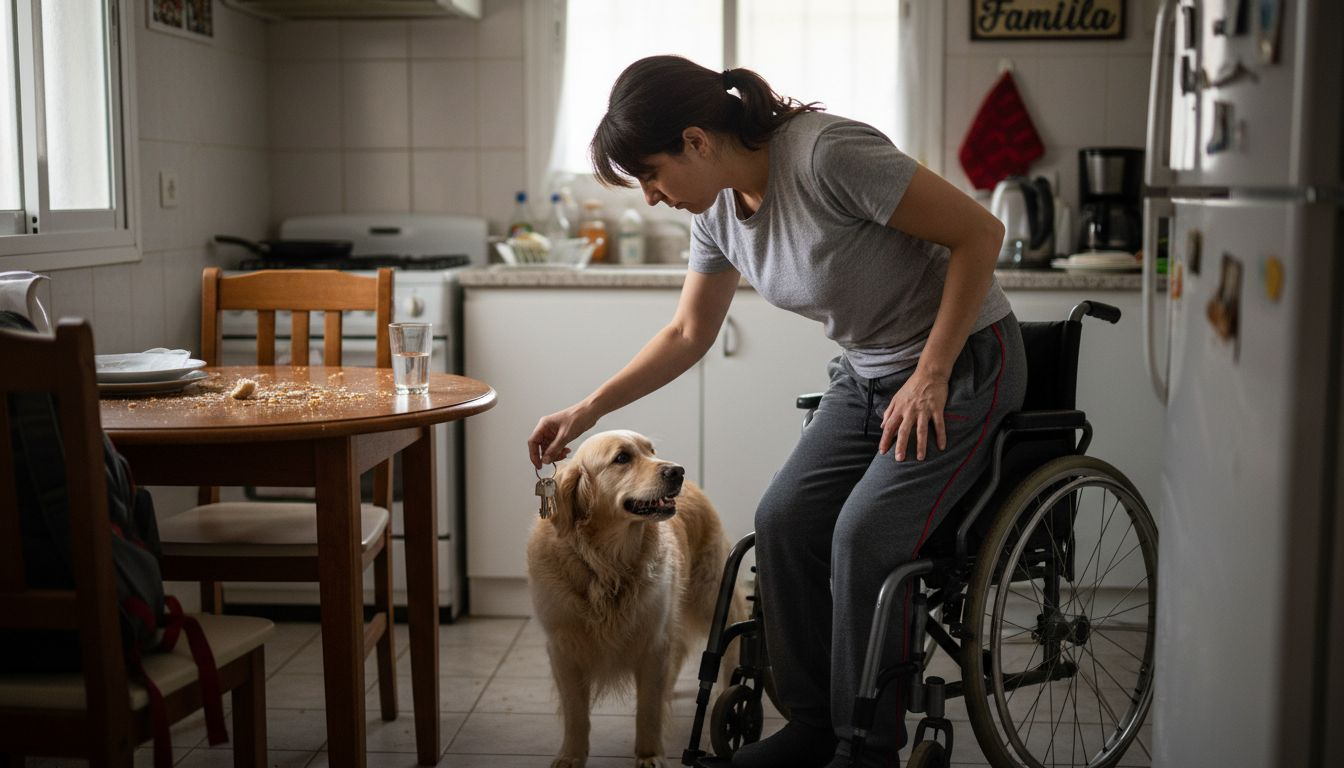 Un perro de asistencia facilita la vida diaria de una mujer que se desplaza en silla de ruedas.
