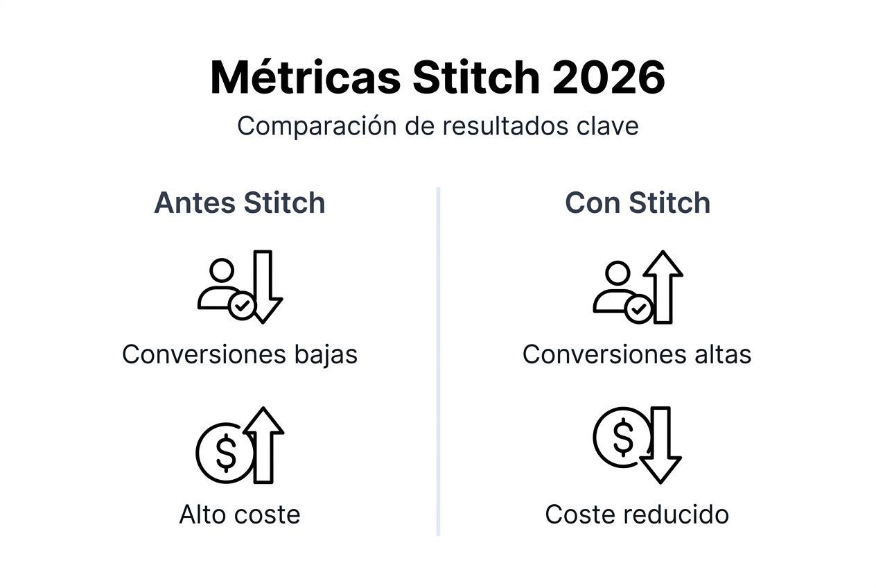 Resumen visual de las métricas clave de optimización en Stitch