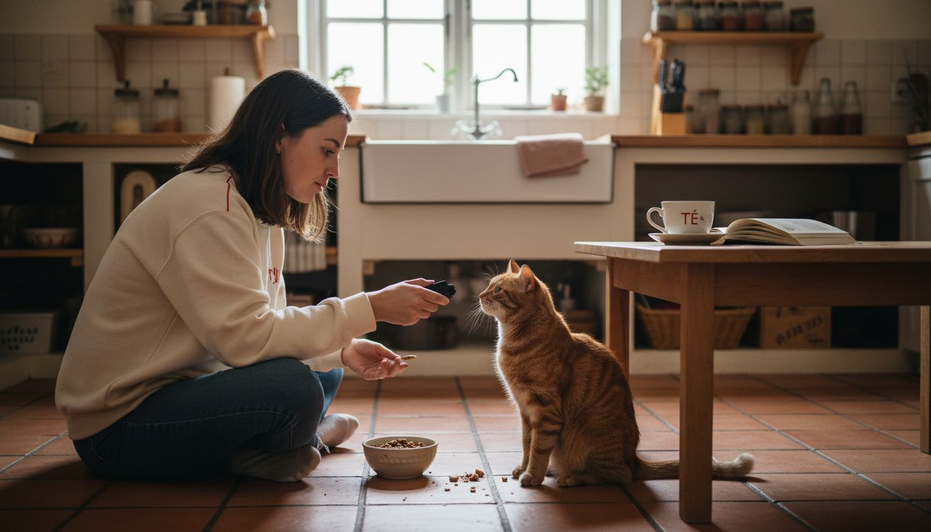 Una mujer recompensa a su gato usando el clicker y una golosina.