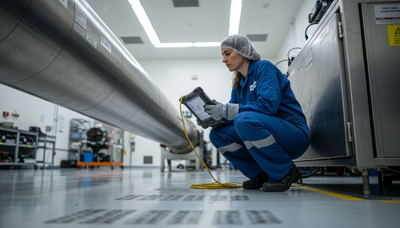 Un técnico inspecciona uno de los brazos del detector de ondas gravitacionales LIGO.