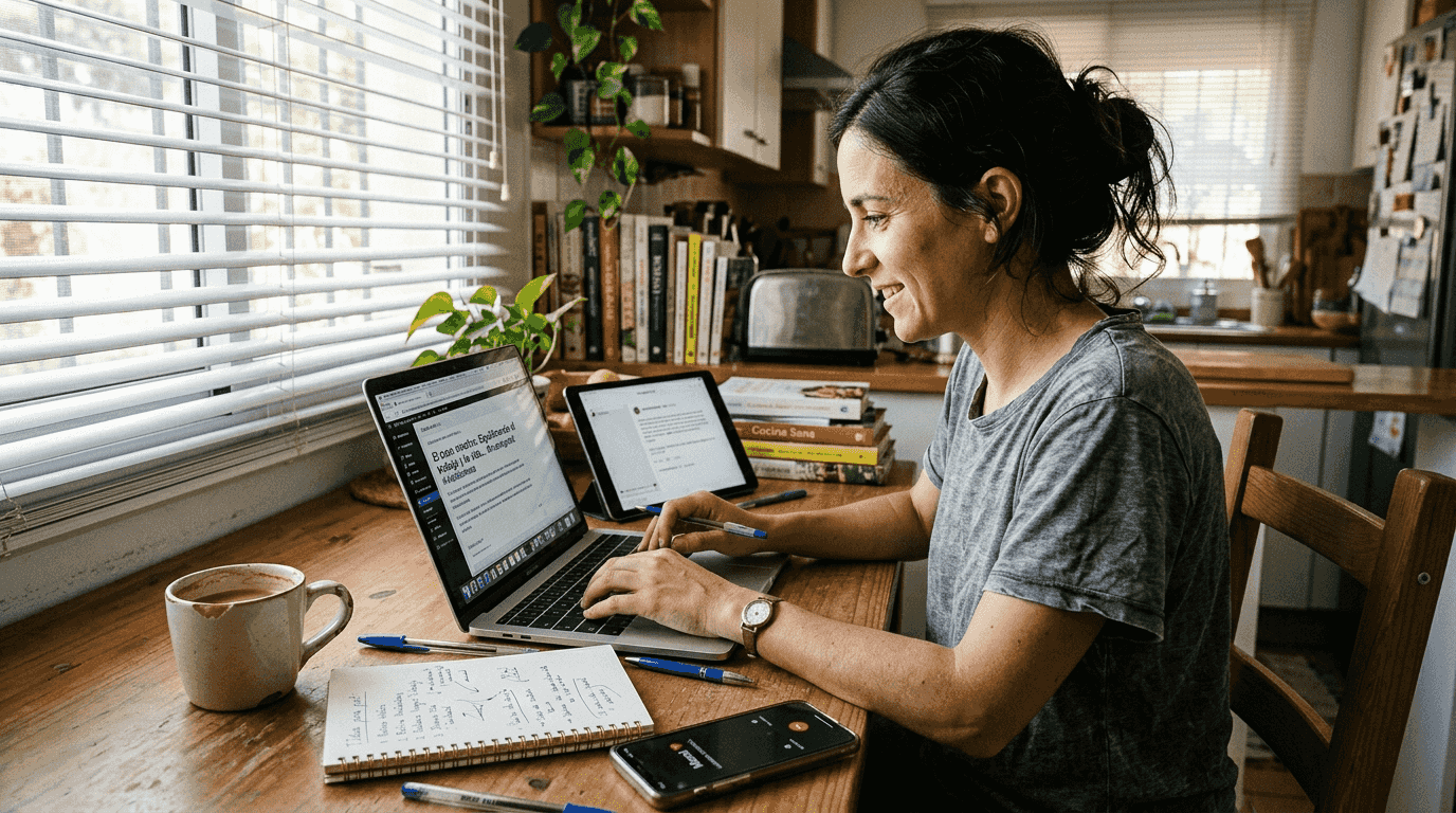 Mujer trabajando desde casa mientras crea contenido para sus redes sociales.