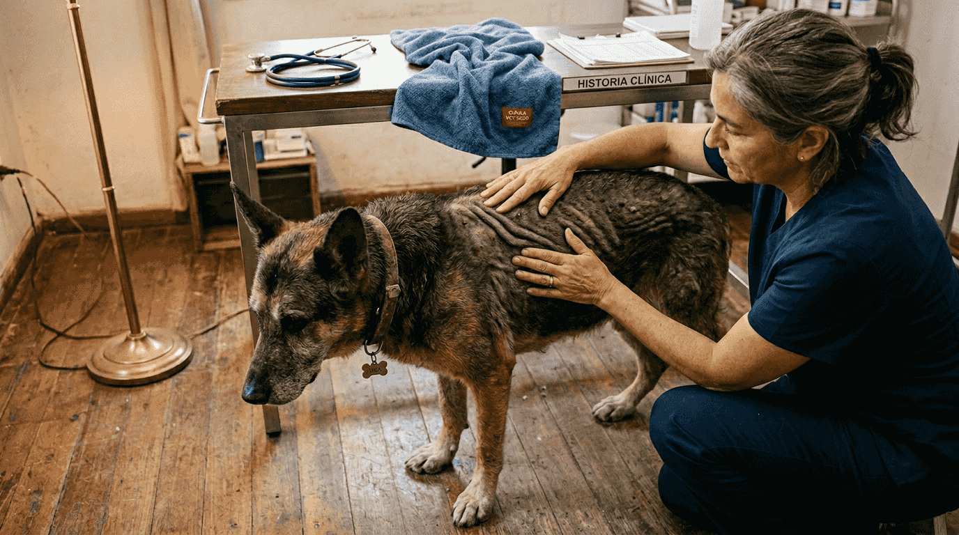 Un veterinario revisa la piel flácida de un perro mayor durante una consulta.