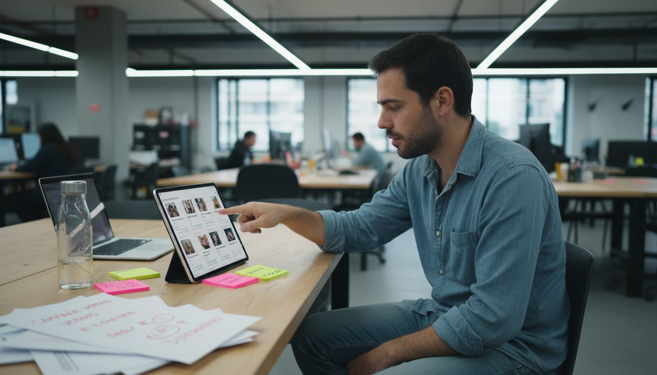 Un responsable revisando perfiles de influencers en su espacio de trabajo