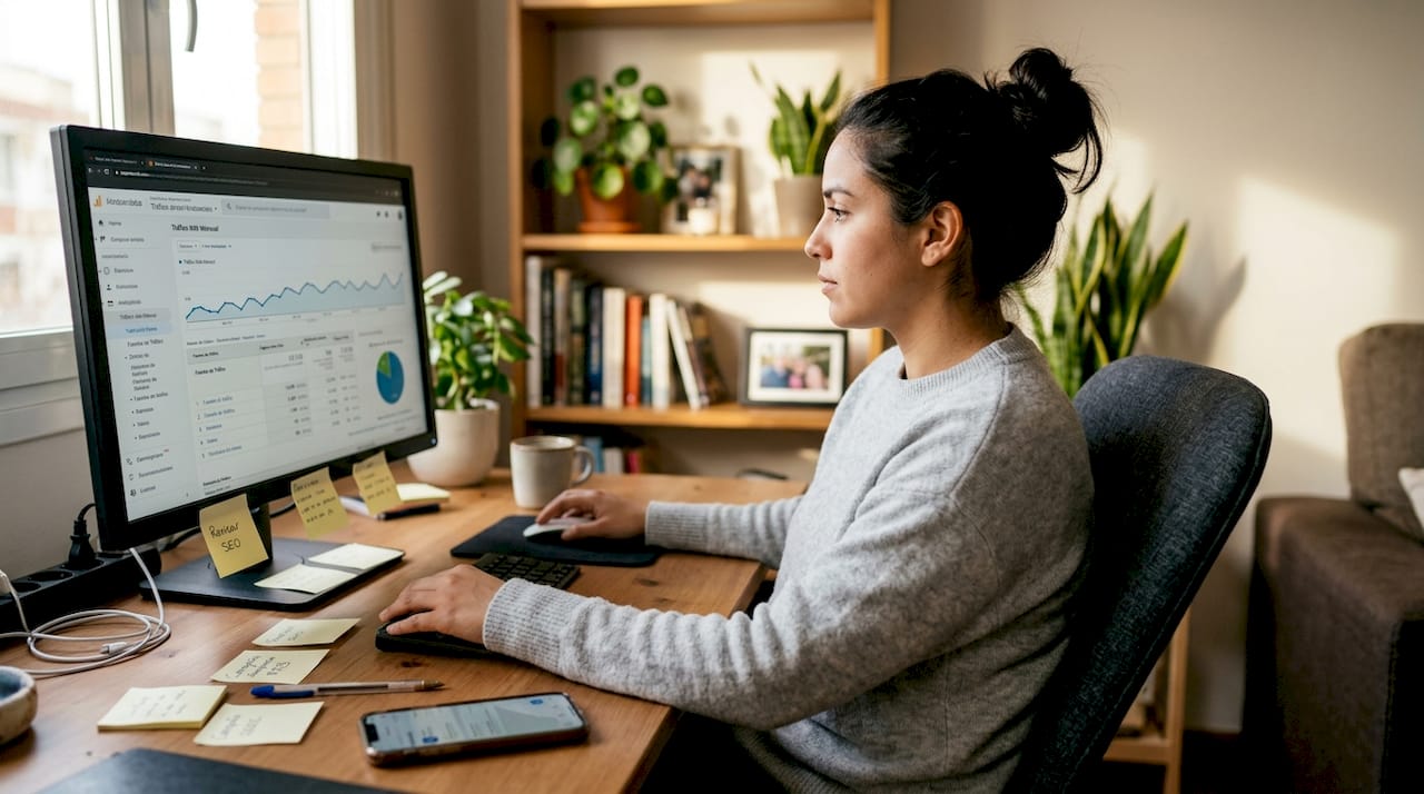 Empresaria analiza las estadísticas de su página web desde la comodidad de su hogar