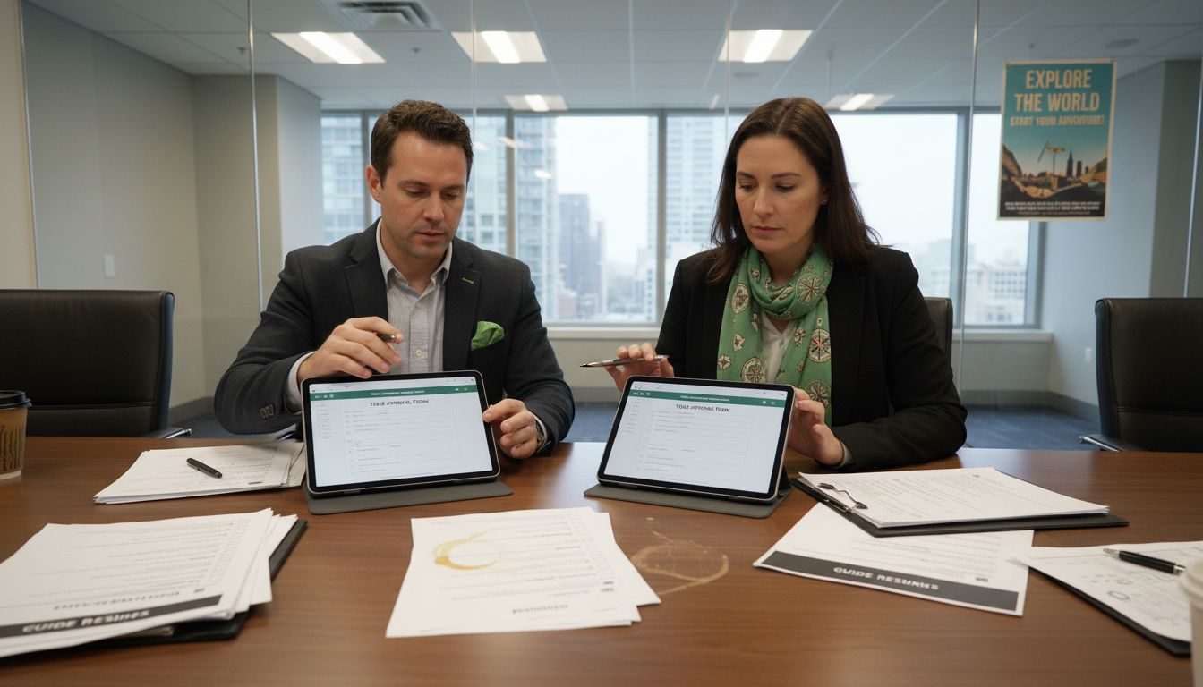 Two operators review approvals at meeting table