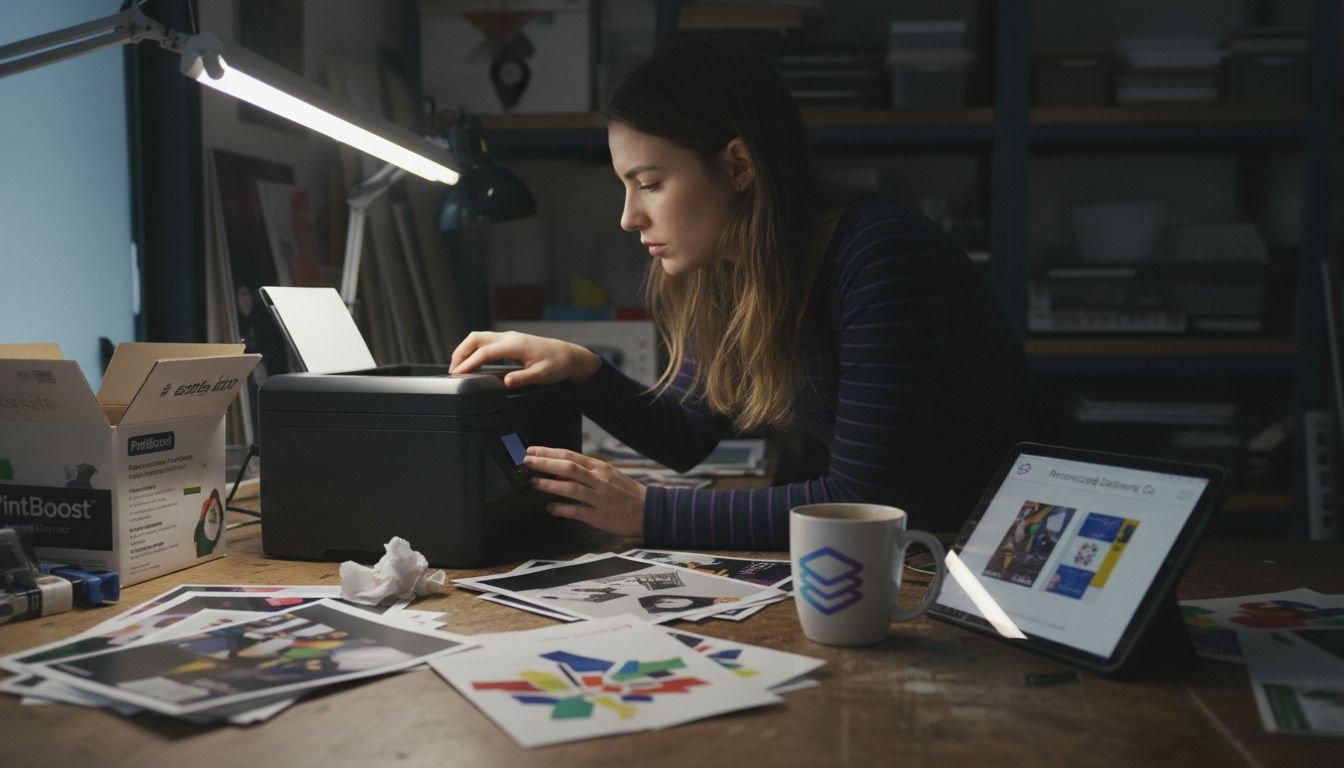 Designer at digital printer adjusting settings