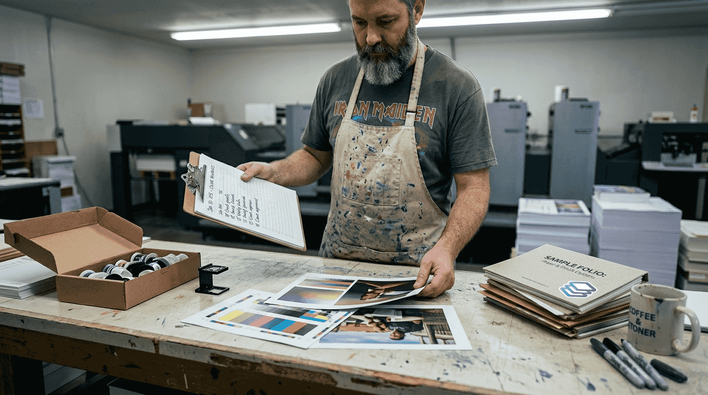 Technician checks print files with proofs and checklist