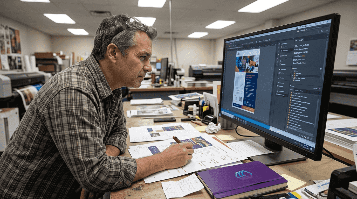 Prepress technician checking files at workstation