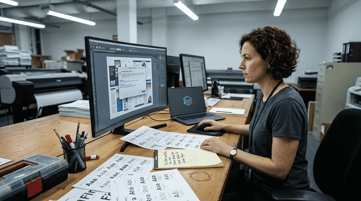 Prepress technician reviews print file preparation