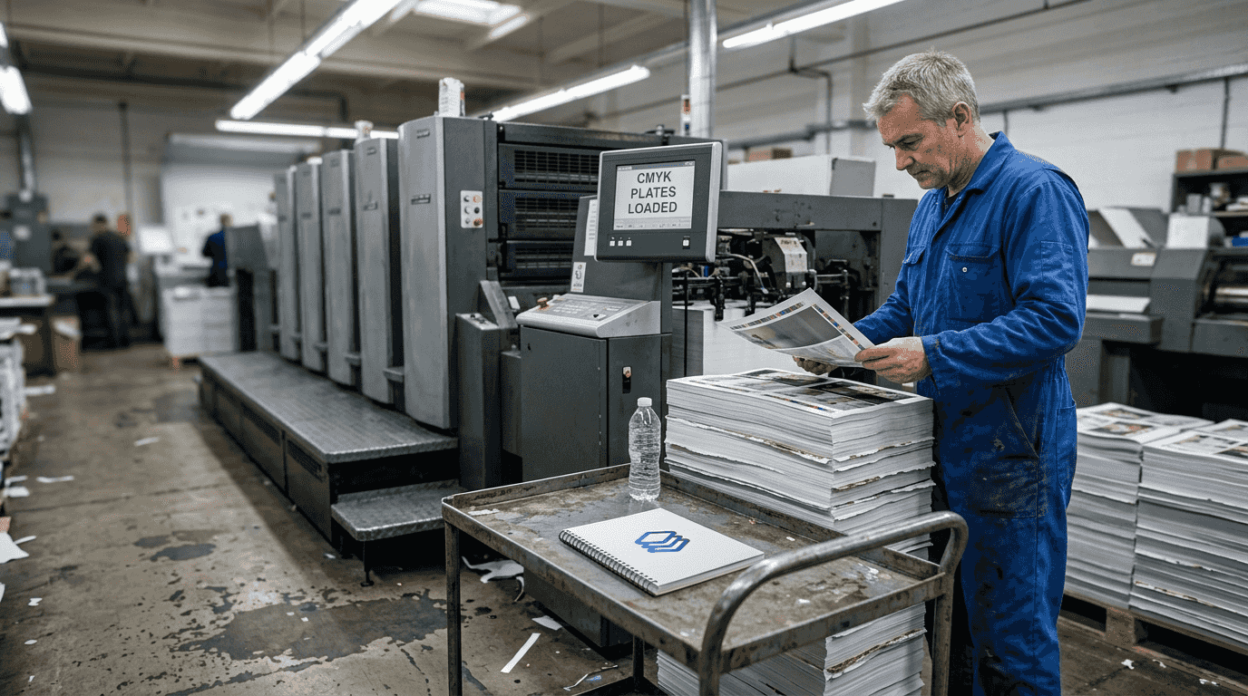 Technician checking offset print magazine proof