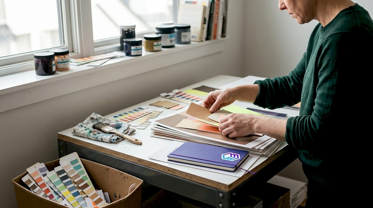 Designer arranging color swatches and print proofs