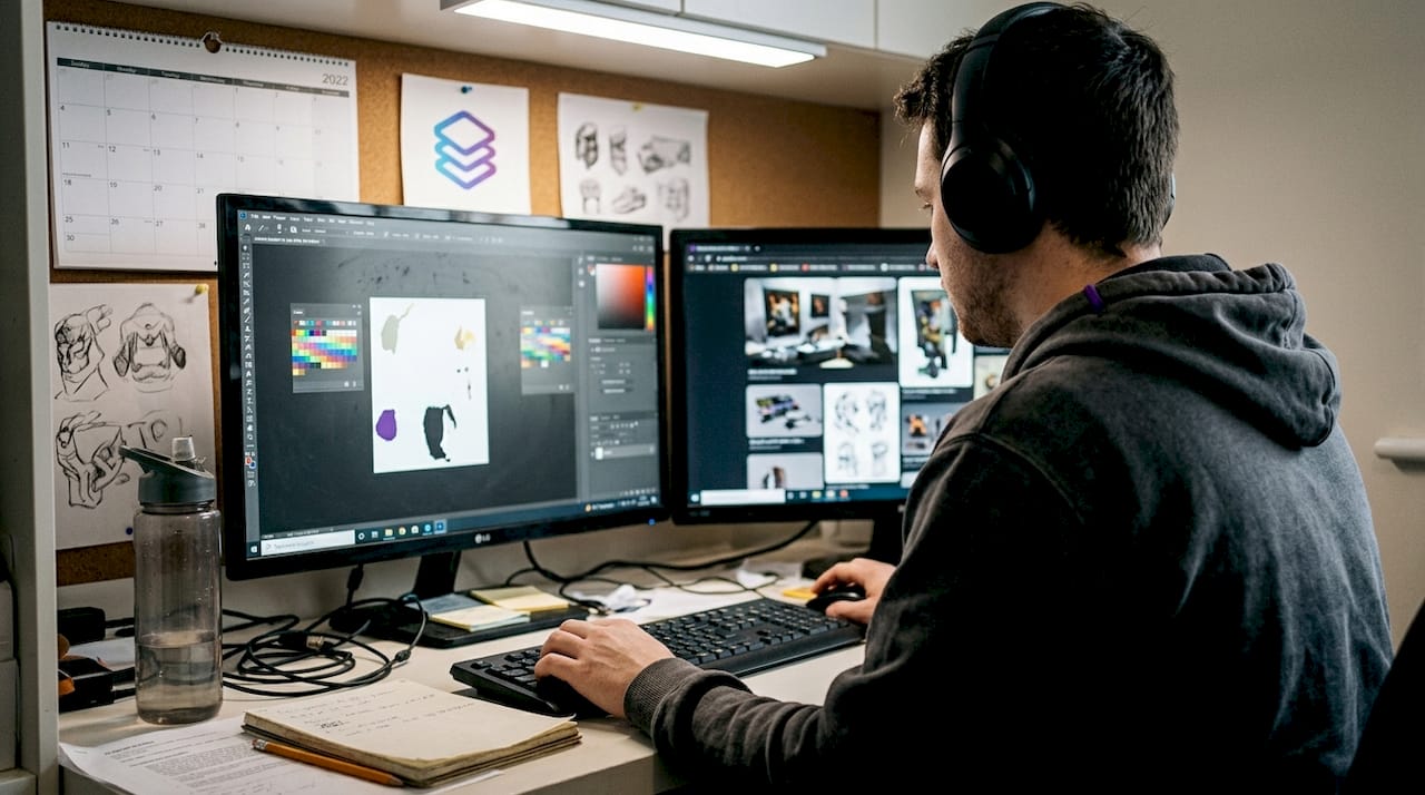 Artist isolates colors in Photoshop workstation