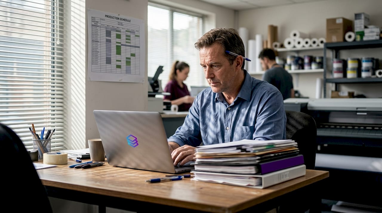 Manager reviewing print workflow checklist