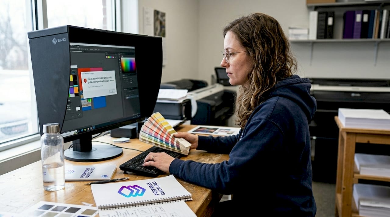 Prepress specialist reviews automated color alerts