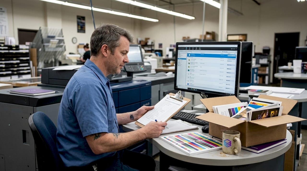 Operator managing print production workflow at workstation