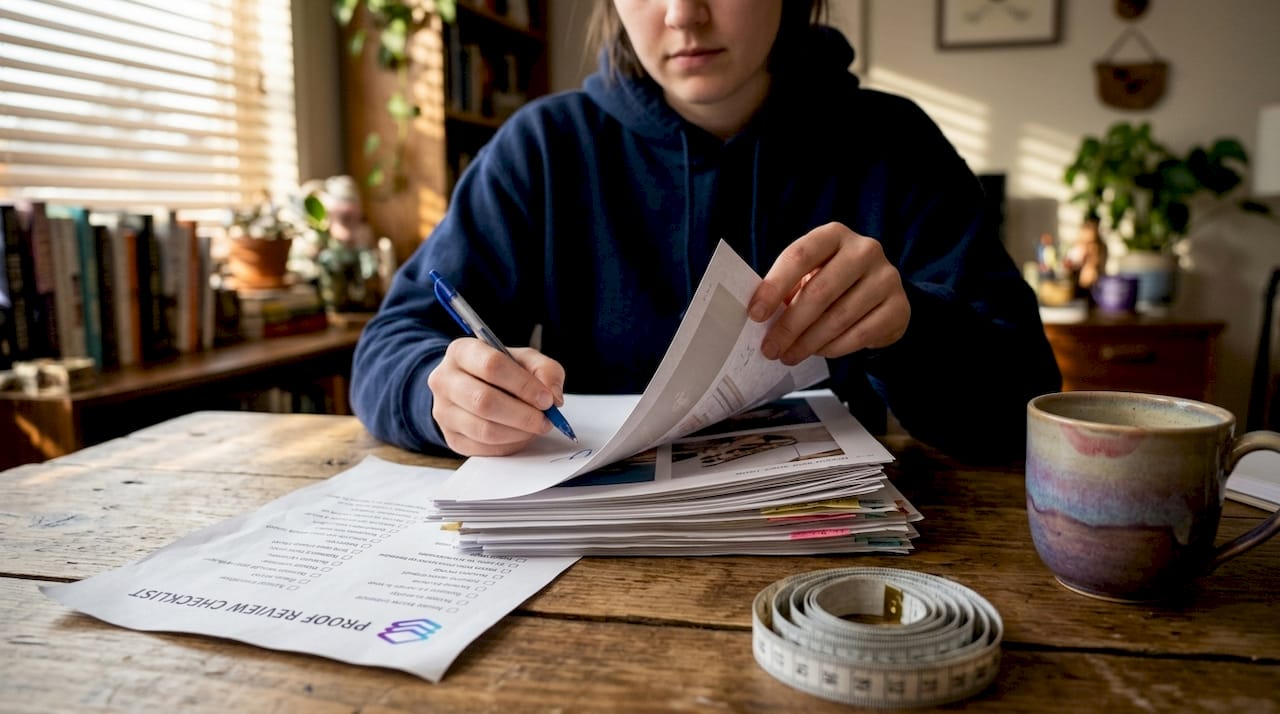 Woman reviewing print proofs in home office