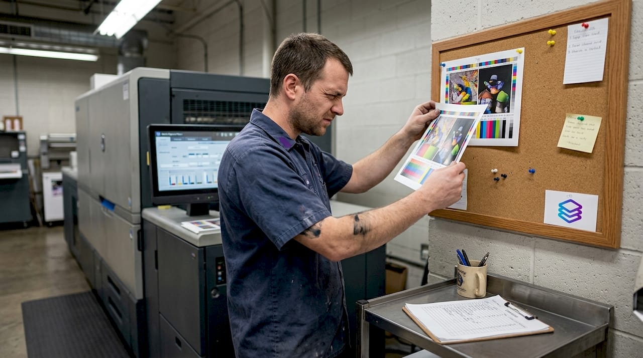 Technician comparing print output samples