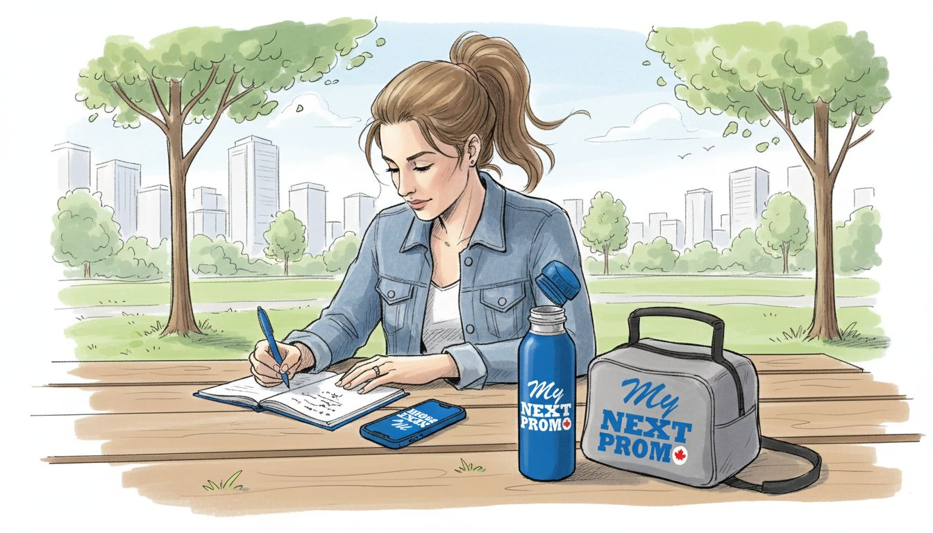 Woman uses branded items in city park setting