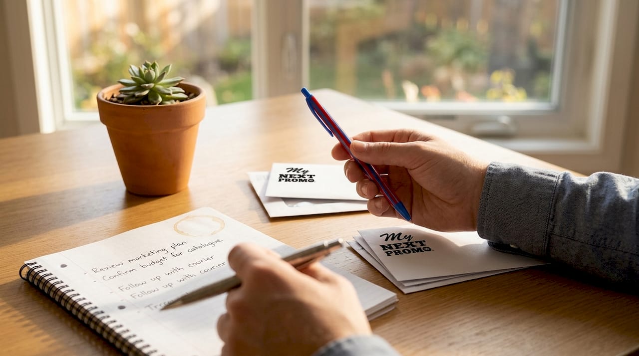 Hands comparing metal and plastic promotional pens