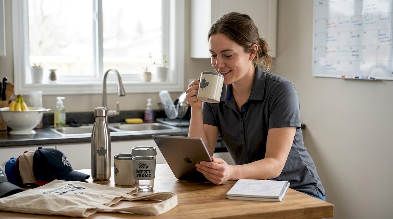 Kitchen scene with branded apparel and drinkware