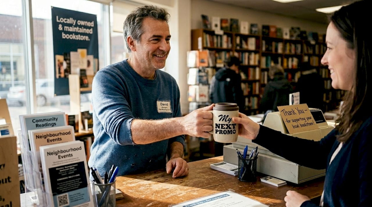 Shop owner gifting branded mug to customer
