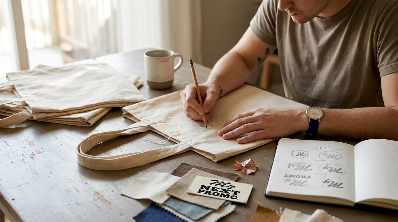 Designer working on custom tote bag concepts